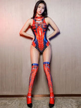 143-Women's Spider-Inspired Printed Bodysuit with Matching Stockings